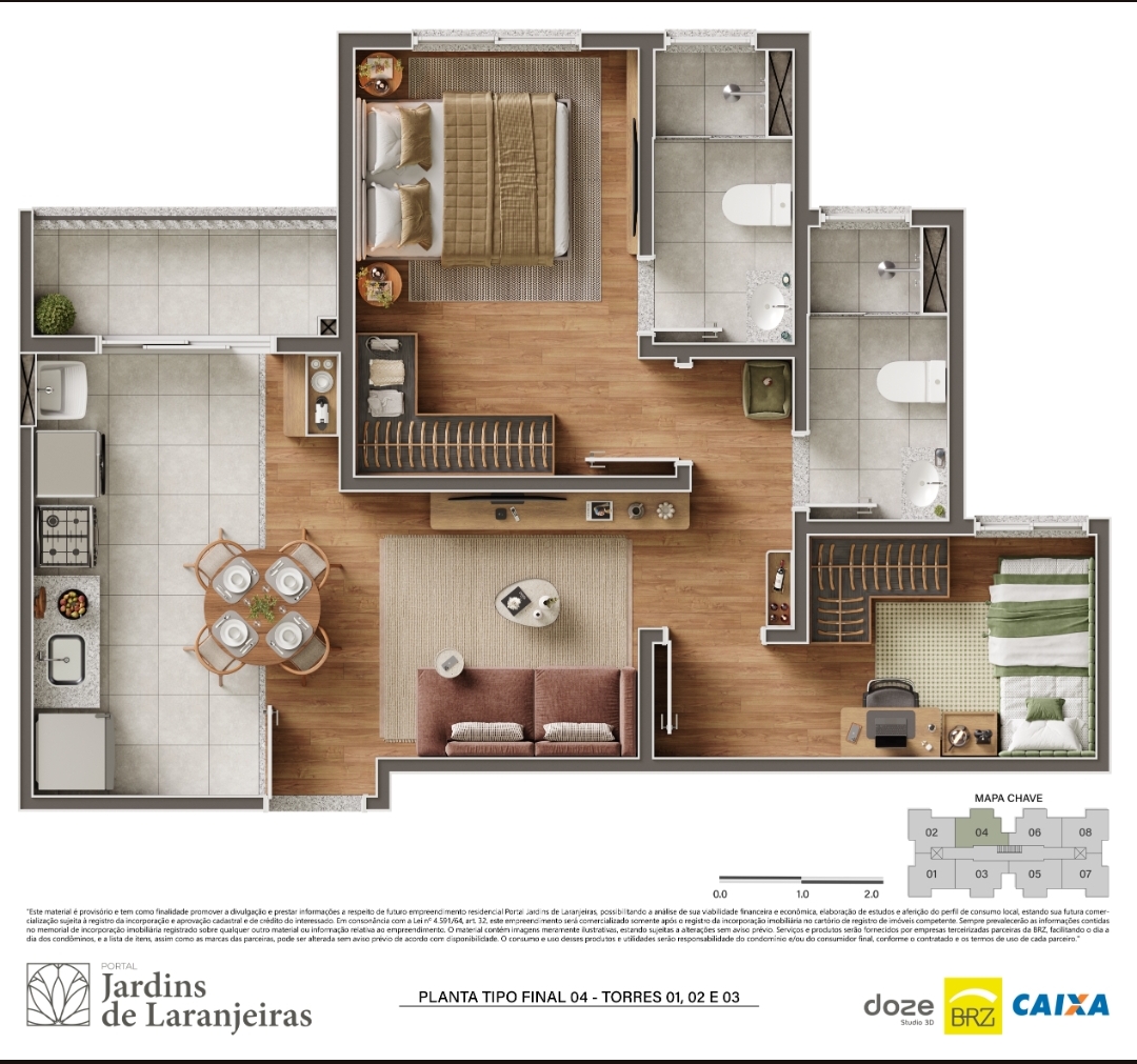 Planta do apartamento tipo final 04 das Torres 01, 02 e 03 com dois quartos