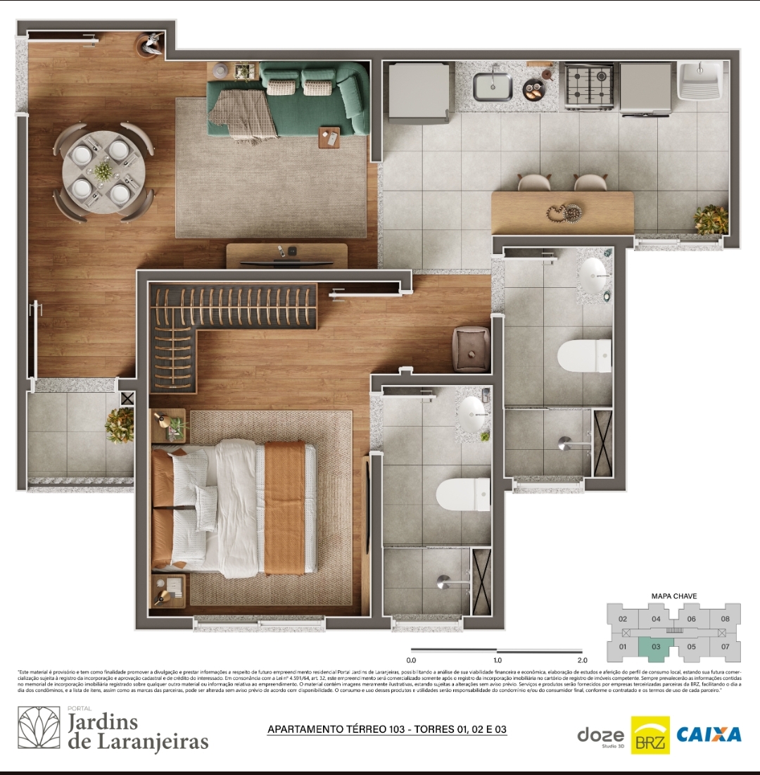 Planta do apartamento térreo 103 das Torres 01, 02 e 03 com um quarto